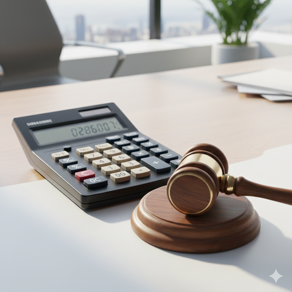 Calculadora y martillo de juez. Calcular liquidación